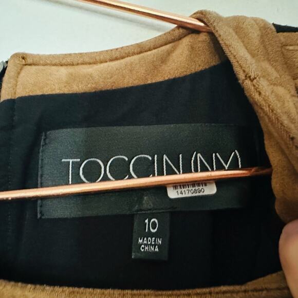 TOCCIN Black & Tan Faux Suede Stretch Hourglass Sheath Mini Dress Size 10 - Picture 8 of 10